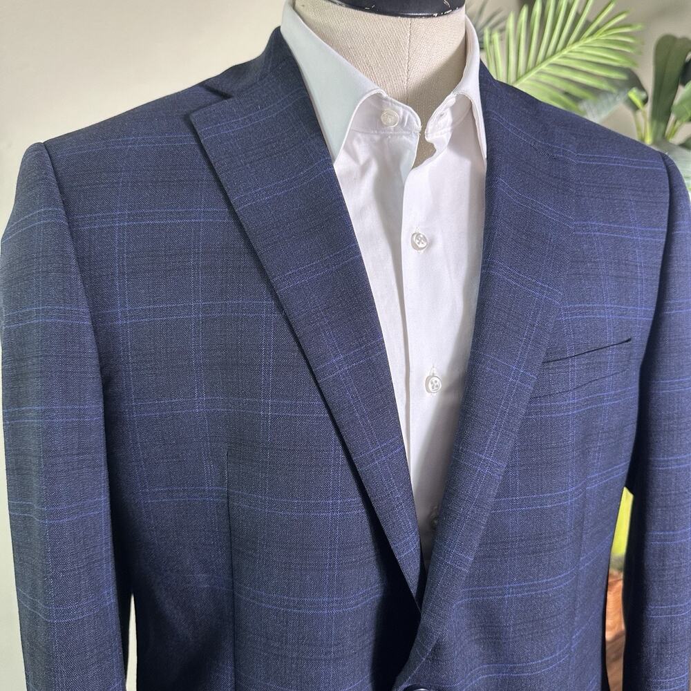 Calvin Klein Sportcoat 44R Blue Glenn Plaid Windowpane Wool, Poly, Spandex